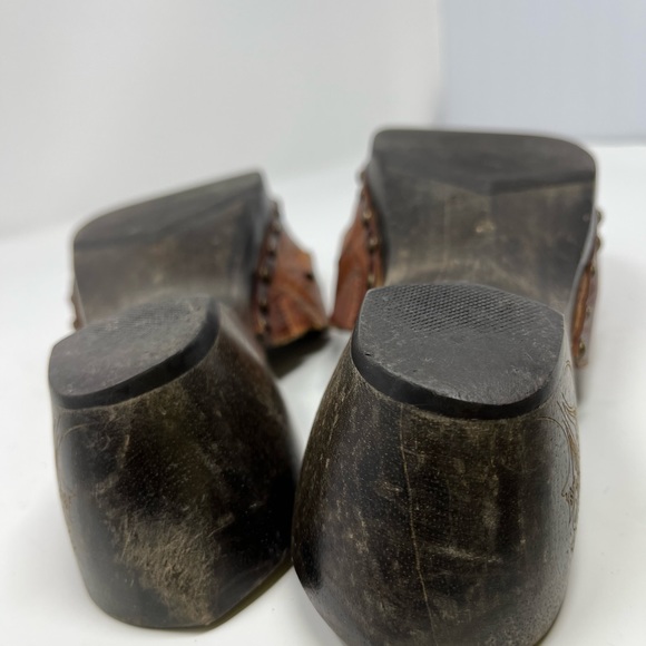 Matisse Mules carved wood block heel womens 8 brown leather shoes - Picture 11 of 12